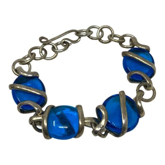 Vintage Blue Glass Silver Tone Bracelet - Picture 1 of 4